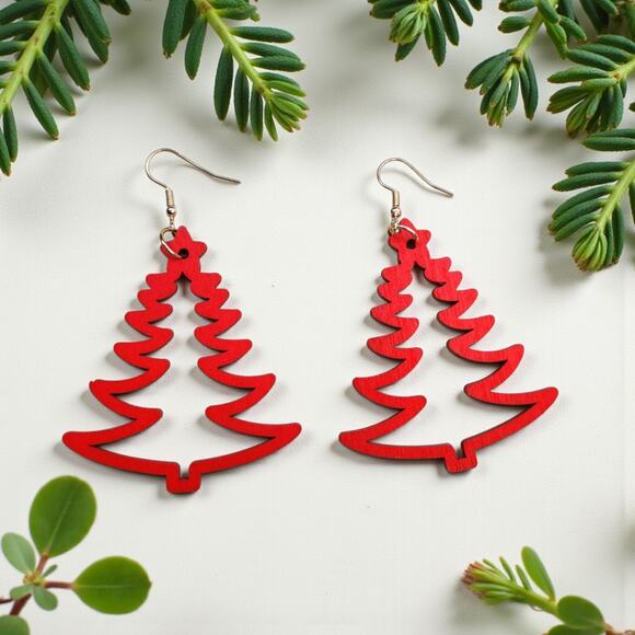 Christmas Tree Earrings Red Wood - Picture 5 of 6